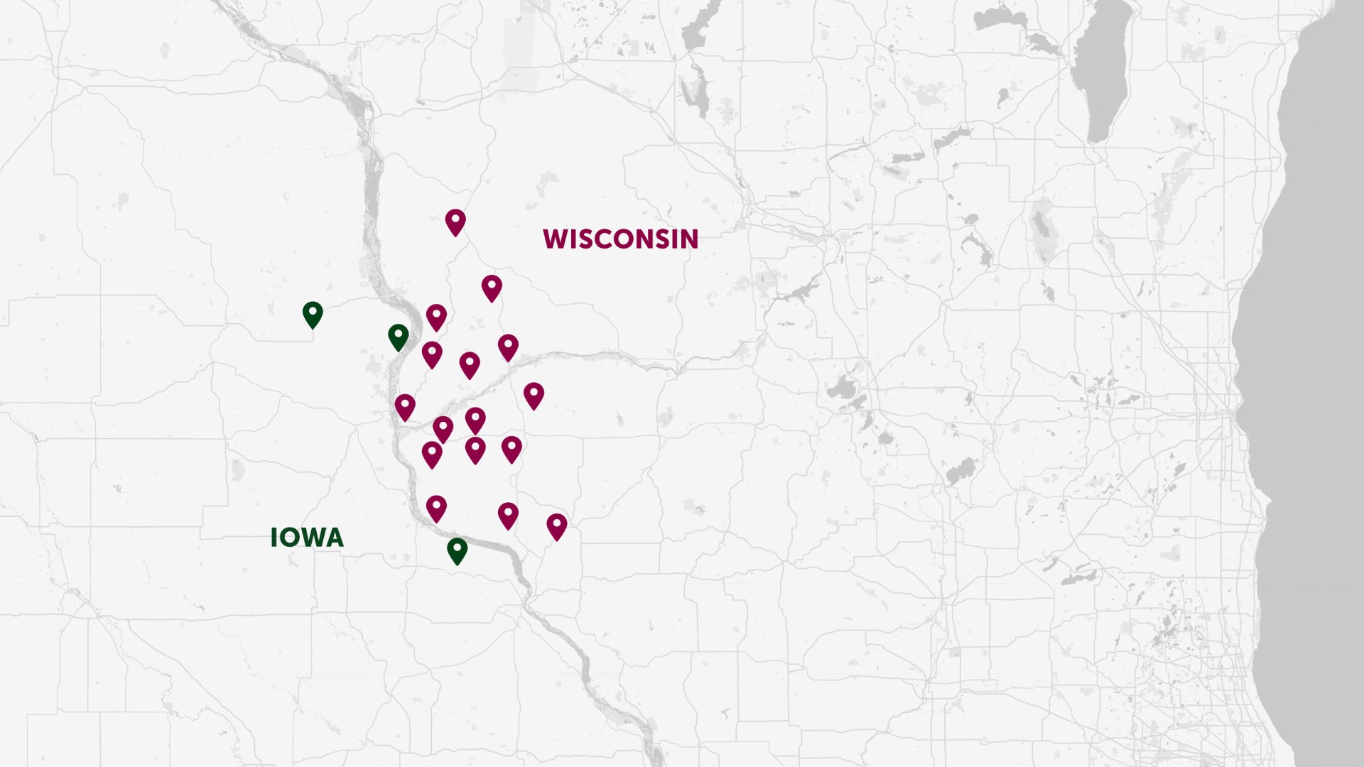 Map with pins showing bank locations in Iowa and Wisconsin