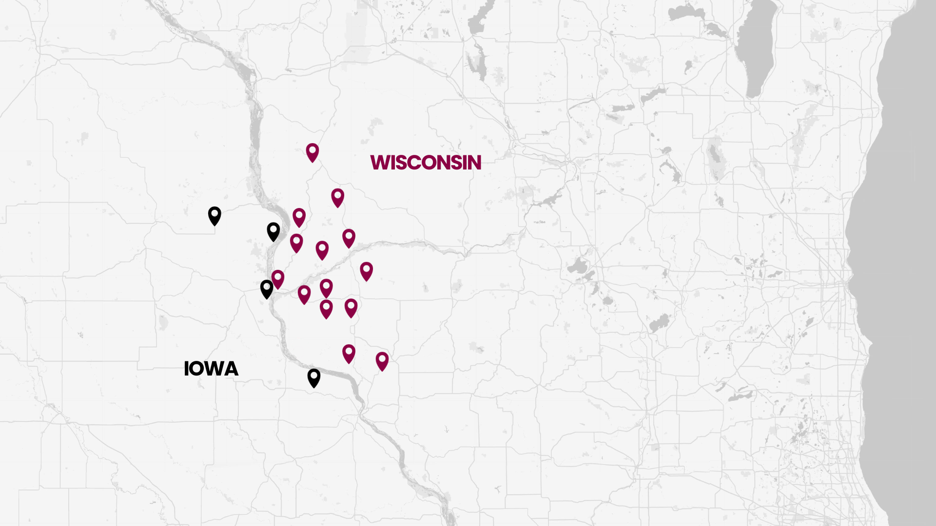 Map with pins showing bank locations in Iowa and Wisconsin